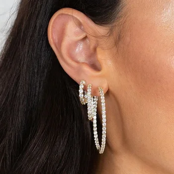 

New Big 55MM Iced Out CZ Round Hoop Earring For Women FaShion Jewelry Silver Color Hoop Pink White Stone Women Earrings