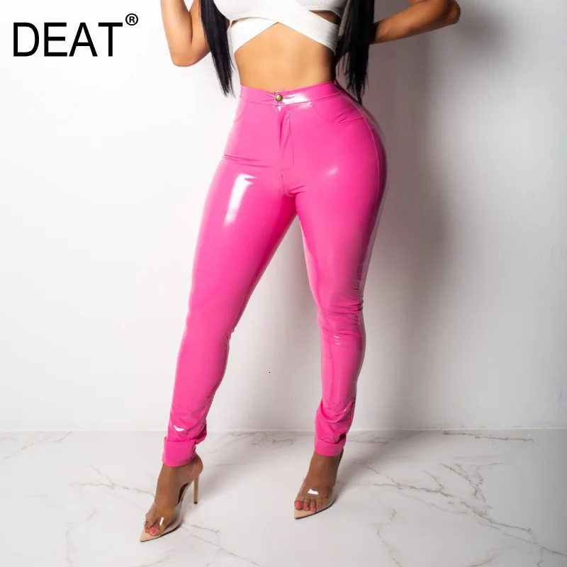 DEAT Pink High Waistband Velvet Glossy Skinny Leather Pants Woman PU Nine Casual Simple Fashion 2020 Autumn New TV770 | Женская одежда