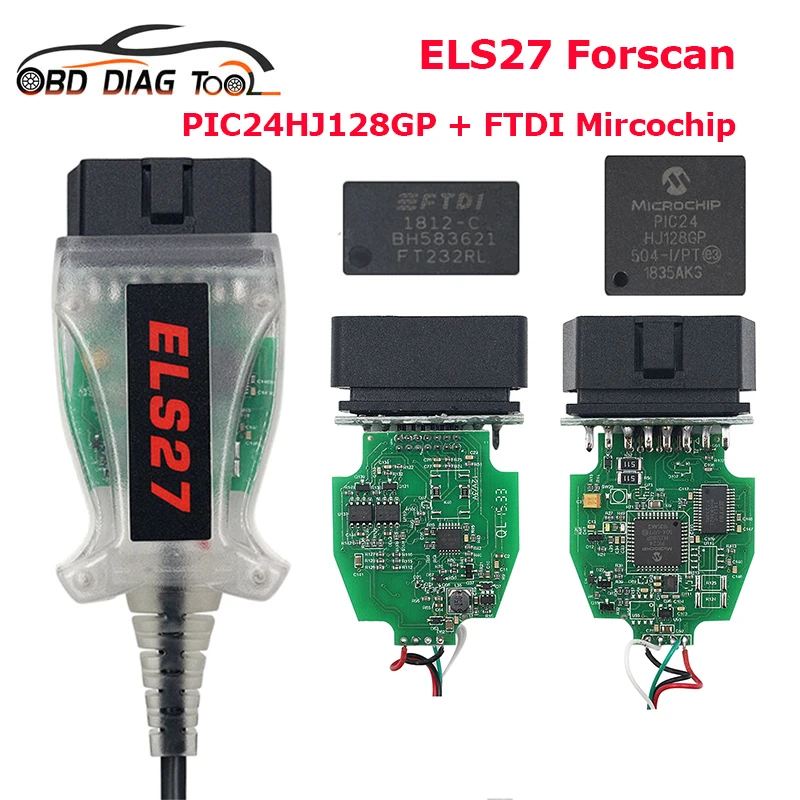 Latest V2.3.8 ELS27 FORScan OBD2 Diagnostic Cable Green PCB PIC24HJ128GP+FTDI Mircochip ELS27 for Ford/Mazda/Lincoln/Mercury big car inspection equipment