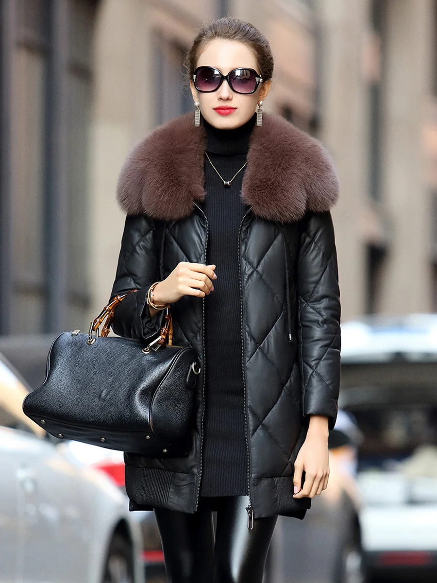 

Куртка женская кожаная с воротником из натурального Лисьего меха, зимний пуховик, одежда 2020, пальто из овчины, Chaqueta Mujer 619047