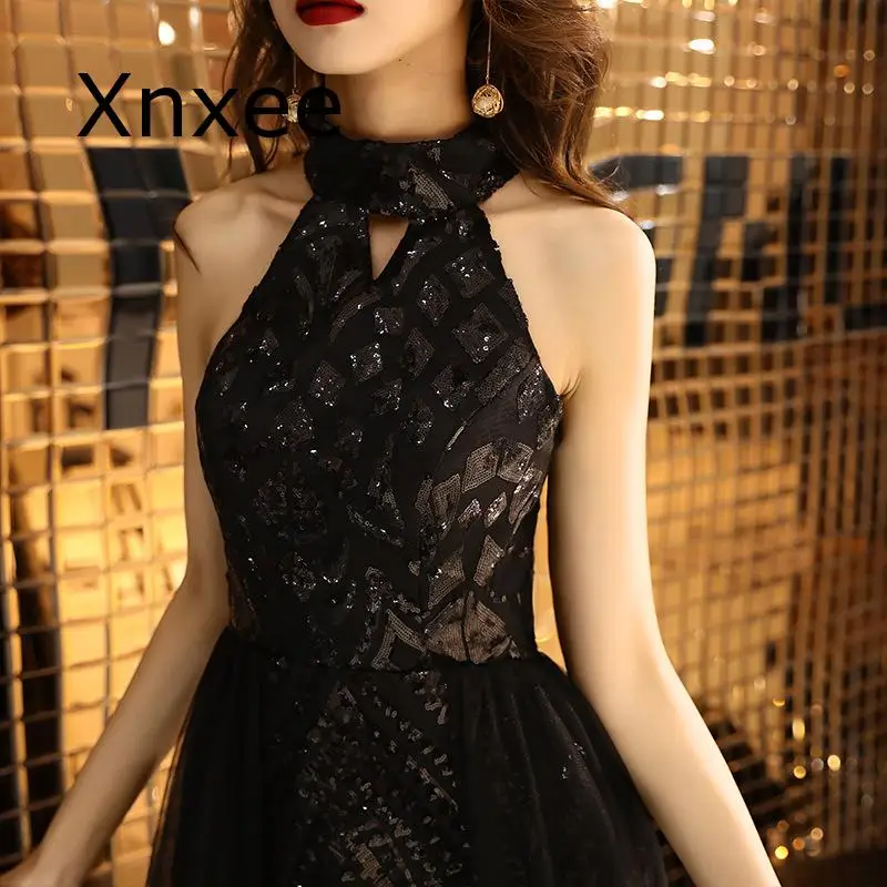 Xnxee Bling Черный Романтический многоуровневый подол Формальные платья для женщин Мода Холтер молния Длинные вечерние Vestido de novia