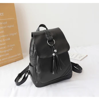 

New Brand Backpack Women's PU Leather Tassel School Bag backpack Student laptop bag Black