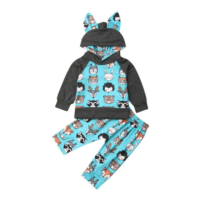  Toddler Baby Boys Animal Printed Outfits Hoodies Top Pants Set