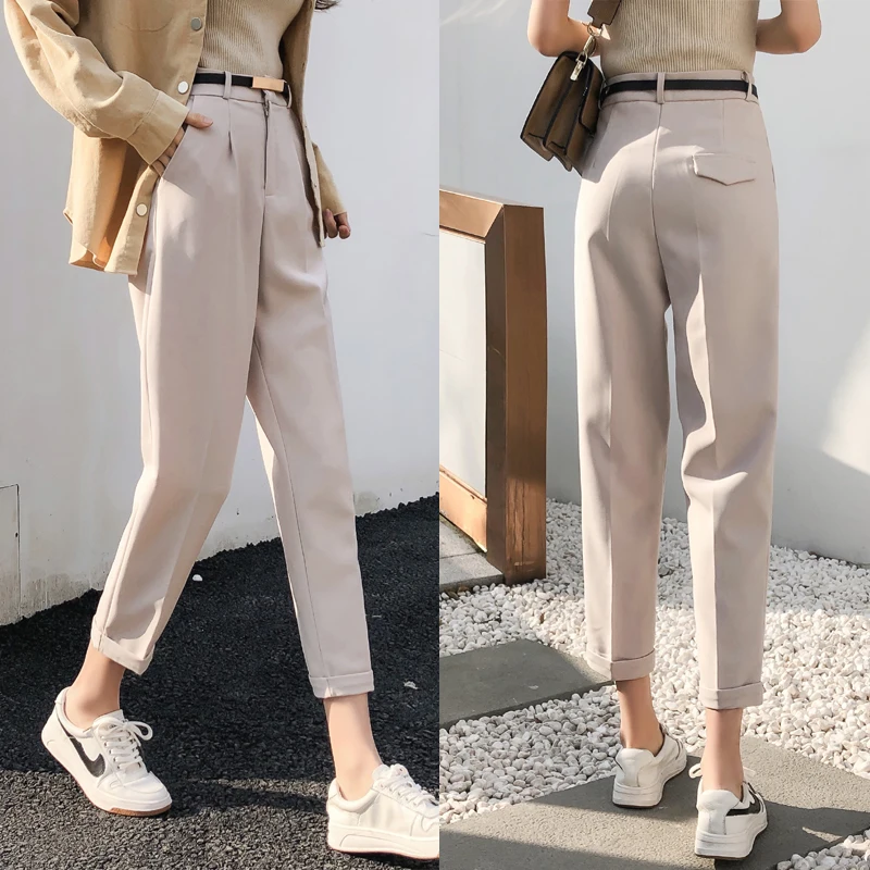 Elegant Ol Pants Women Solid Harem Straight Pants Mujer Black High Waist Trousers Vintage Spring Autumn 2020 Office Wear Pants Elegant Ol Pants Women Solid Harem Straight Pants Mujer Black High Waist Trousers Vintage Spring Autumn 2020 Office Wear Pants