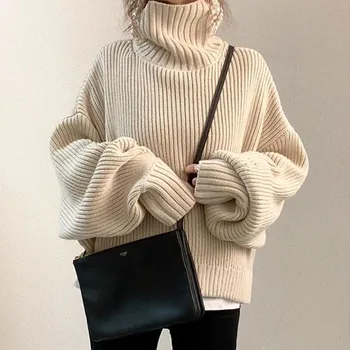 

Korean Turtleneck Sweater Women Fall and Winter Christmas Beige Warm Female Solid Wild Basic Full Sweater Knitting Pullovers Top