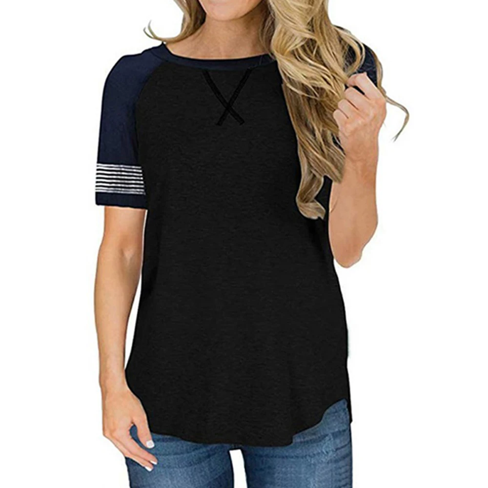 Hot New Color Block Patchwork T-Shirt With Short Sleeve Stripe Cuff Casual Round Neck Embroidery Crossing T Shirt Tops | Женская одежда