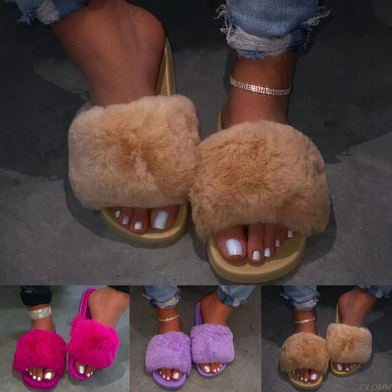 

2020 Furry Slippers Women Fur Home Fluffy Plush Furry Summer Flats Sweet Ladies Shoes Size 36-43 Purple Pink Color