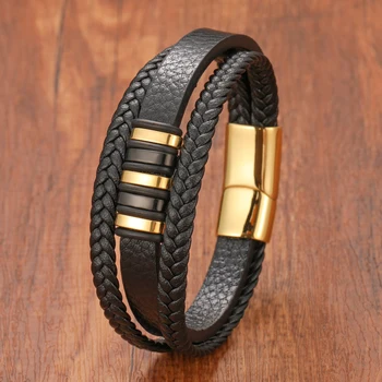 New Punk Multilayer Woven Genuine Leather Men's Bracelet Golden Black Stainless Steel Magnetic Clasp Jewelry Gift