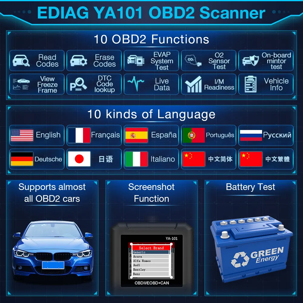 EDIAG YA101 OBD2 сканер кодов бесплатное обновление батареи tast удобно Авто OBD