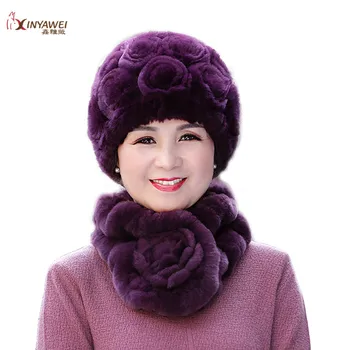 

Fashion Real Rex Rabbit Fur Hat Winter Hat For Women Scarf Set And Hat For Women Girl Warm Caps For Girl Ring Scarf