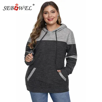 

SEBOWEL Autumn Plus Size Colorblock Pullovers Hoodie Sweatshirt Woman Female Long sleeve Tops with Kangaroo Pocket Hooded XL-5XL