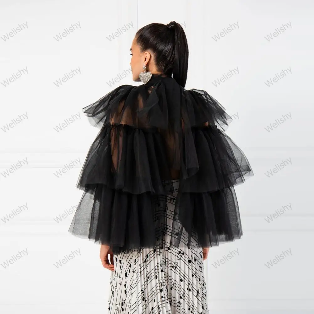 Trendy Cool Black Tiered Ruffle Tulle Tops Women