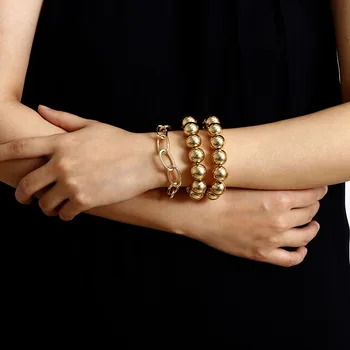 

SRCOI Metal Disco Ball Beads Link Chain Bracelet Punk Hip Hop Style Gold Color Hand Accessories Gift Party Women 3Pcs/Set