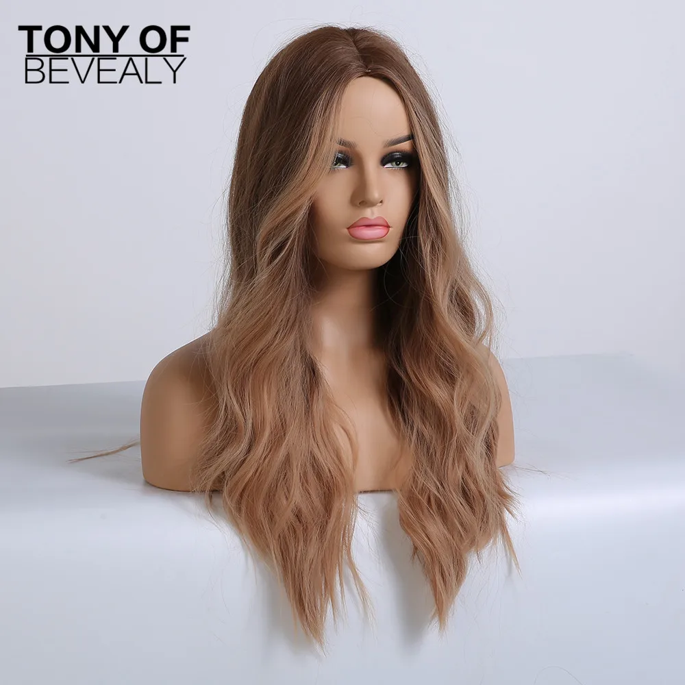 Длинные волнистые Синтетические Парики коричнево-светлые Омбре волосы средняя часть для женщин Afo натуральные волосы на каждый день парики термостойкие волокна