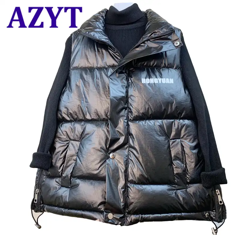 Azyt厚みダウンベスト女性新しい文字の印刷冬の袖なしジャケット女性glossying防風チョッキ ベスト チョッキ Aliexpress