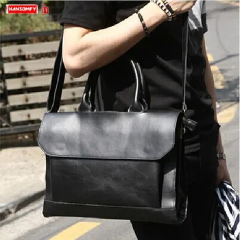

2019 New genuine leather men's bag crazy horse leather male 14" laptop handbag shoulder slung bags business computer briefcase