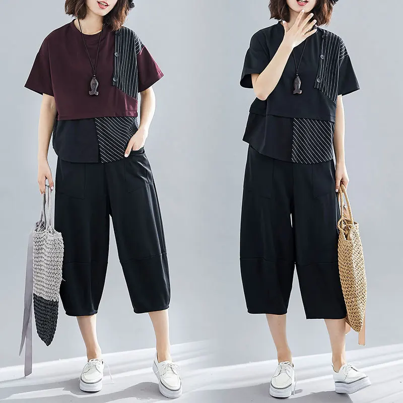 

Photo Shoot 2019 Summer Korean-style Stripes Joint T-shirt + Harem Pants Capri Pants Loose Pants Two-Piece Set