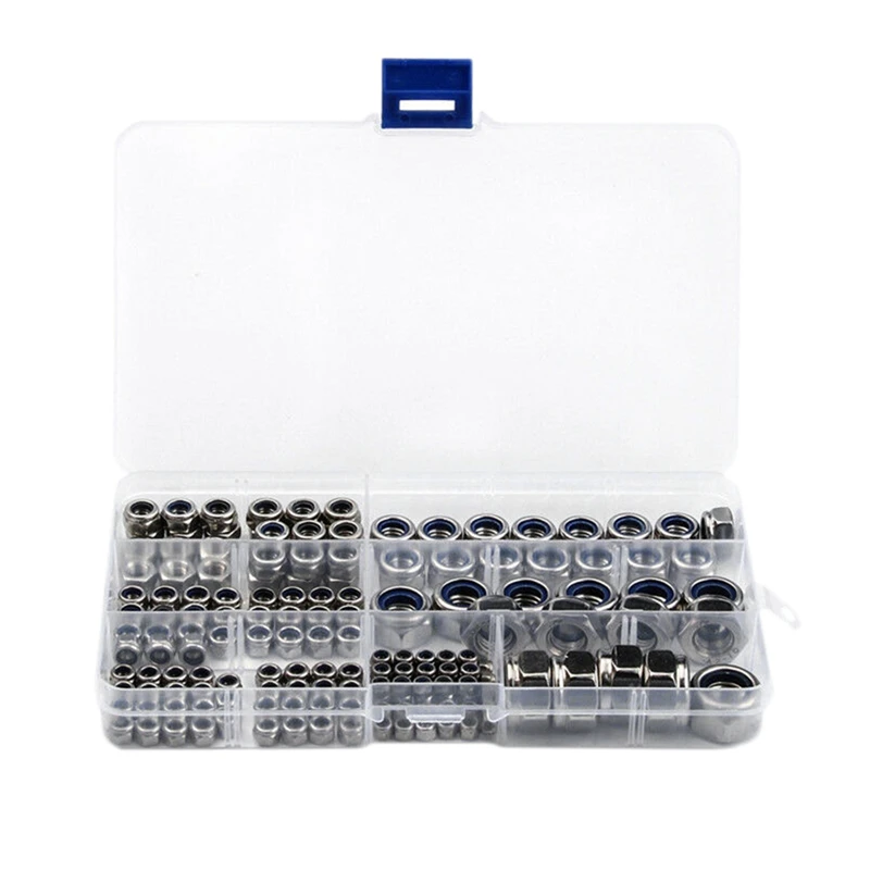 

170Pcs Stainless Steel Metric Lock Nuts M3 M4 M5 M6 M8 M10 M12 Nylon Insert Locknut Kit