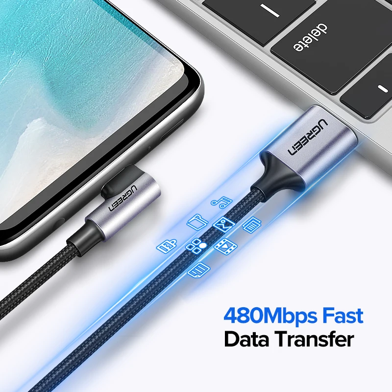 UGREEN Nylon USB C Cable 90 Degree Fast Charger USB Type C Cable for Xiaomi Mi 8 Samsung Galaxy S9 Plus Mobile Phone USB-C Cord