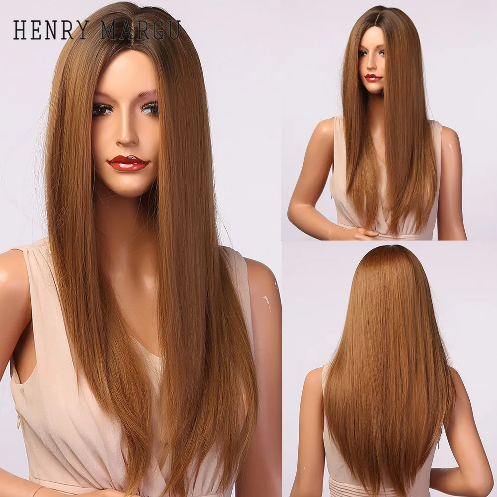 HENRY MARGU Long Straight Synthetic Hair Wigs Ombre Brown Dark Root Middle Part Wigs for Women Heat Resistant Daily Party Wigs