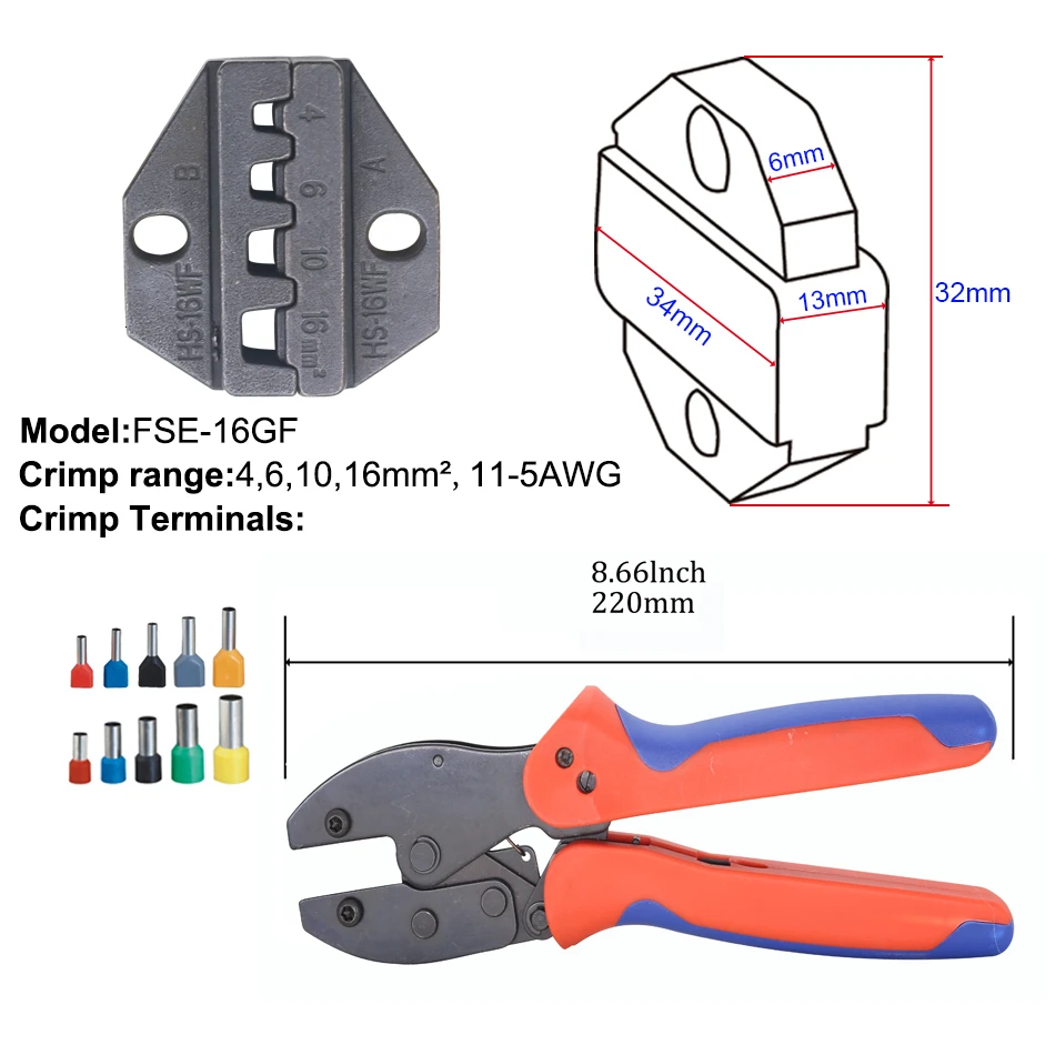 Обжимной инструмент 220 мм трещотка провода щипцы и сменные штампы для термоусадочных разъемов неизолированные наконечники - Цвет: 16GF