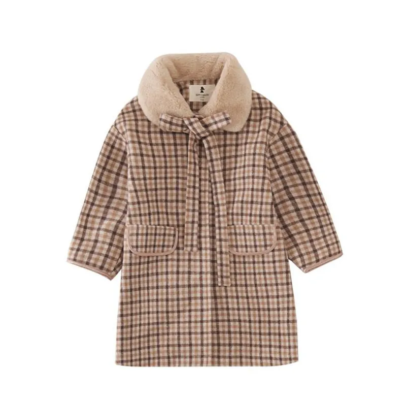 

DFXD New Big Girls Wool Coat High Quality Winter Long Small Plaid Bow Fur Turn Down Collar Thicken Outwear 3-12Yrs Girls Clothes