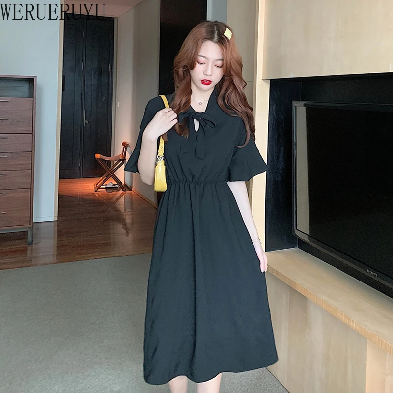 

WERUERUYU Sweet Black Dresses 2020 Summer Style Women A-Line Puff Sleeve Bow Women Clothes Party Dress