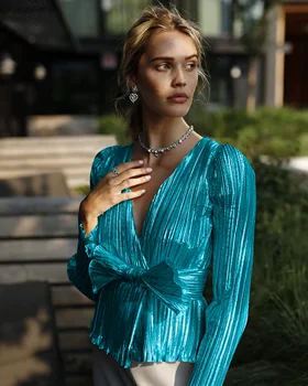 

Spring and summer new dress v-neck long-sleeved bowknot slim shirt