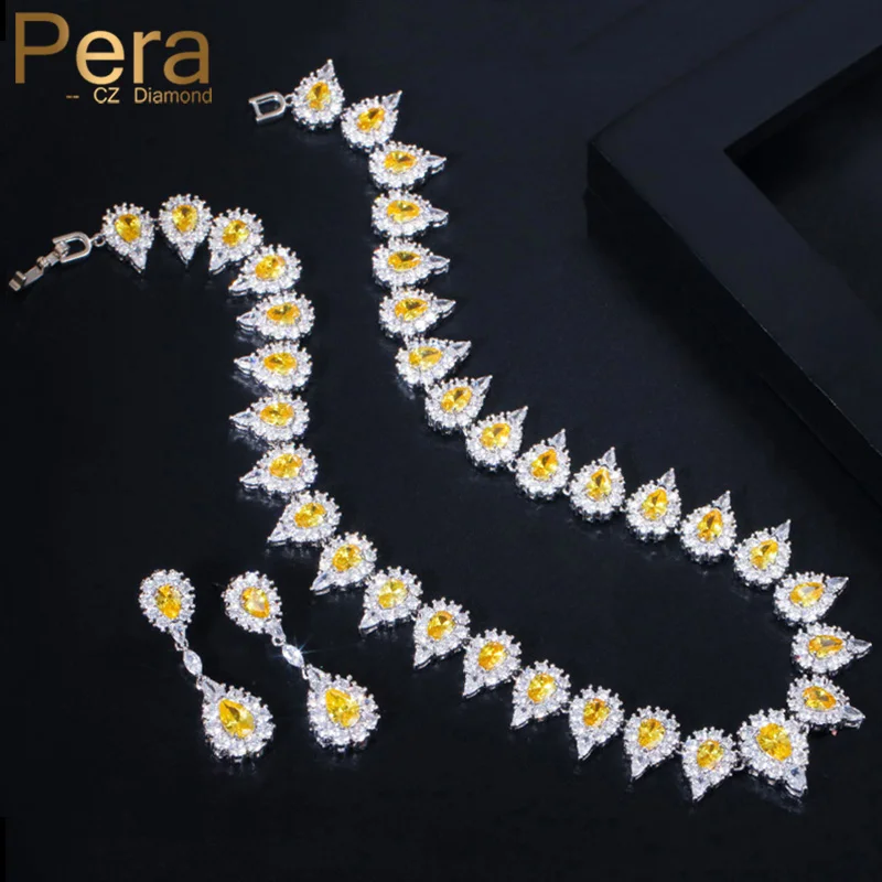 

Pera Lovely Dangle Drop Shape Yellow CZ Stone Bridal Wedding Party Round Choker Necklace Earrings Jewelry Set for Women J356