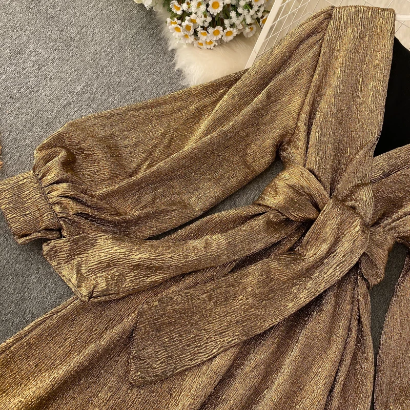 Осень Зима женское мини платье с длинным рукавом Новая мода Глубокий v-образный вырез Сверкающее платье феи женское элегантное платье А-силуэта