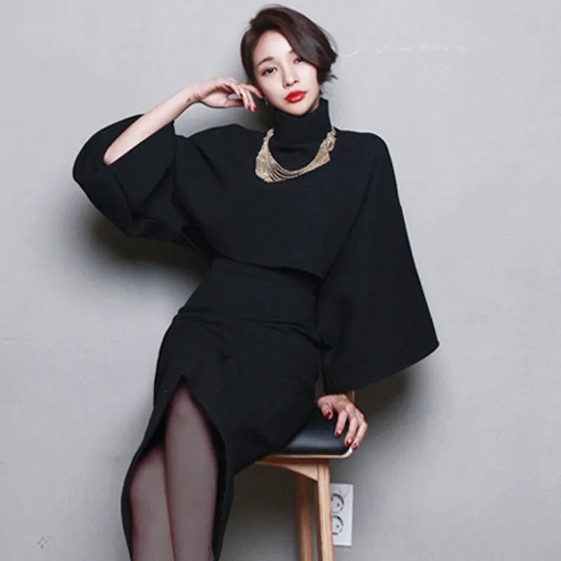 

High Quality Autumn Winter Women 2 Piece Set 2019 Runway Black Loose Turtleneck Collar Wool Crop Top + Split Pencil Skirt Set