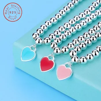 

Blue Heart Bead Bracelet Elegant Jewelry 925 Silver Female Jewelry Valentine's Day Gift Love Enamel Bracelet