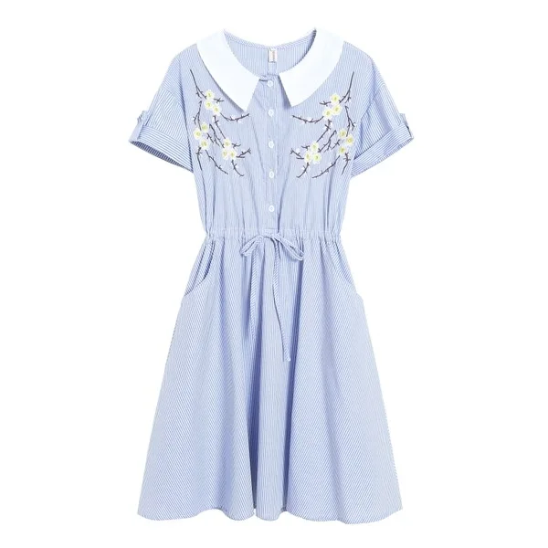 

2019 Summer New Style Literature And Art Hipster Embroidery Flowers Stripes Loose And Plus-sized Short-sleeve Dress Fashion S269