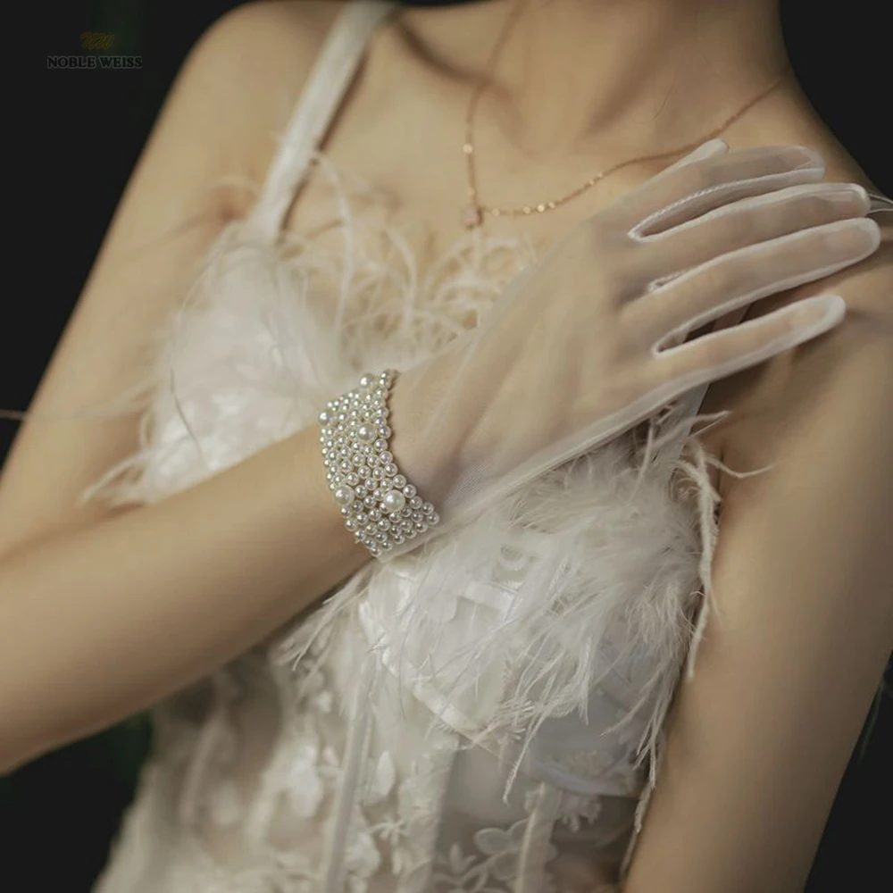 Women Wedding Bridal Short Gloves Net Full Finger See Through Wrist Length Costume Prom Party Gloves Beads wedding dress gloves