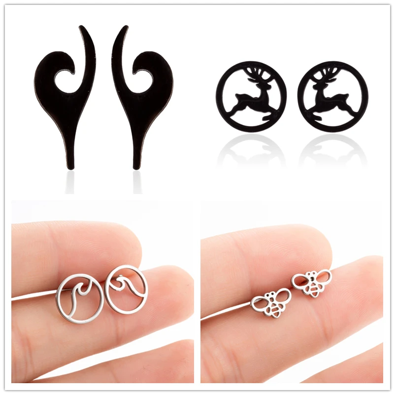 Oly2u милый черный цвет Рождественский олень Новогодний подарок серьги-гвоздики для женщин шикарные летние пляжные волнистые серьги из нержавеющей стали