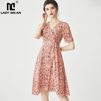 

100% Silk Women's Dresses Sexy V Neck Short Sleeves Printed Fashion Asymmetrical Casual Dresses