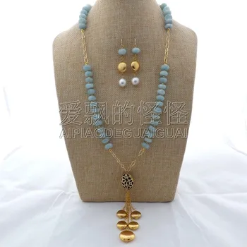

S121004 27" Blue Stone & Keshi Pearl Necklace Earrings Set