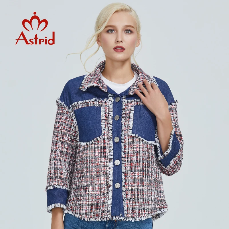 

2019 Astrid blue color stitching short sweater women fringed edge lapel 7-point sleeve swetry damskie fall 2019 MS-010