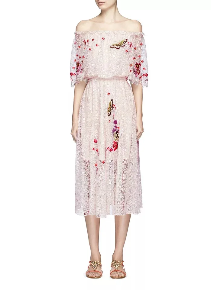 Zhao Liying Celebrity Style off-Shoulder Bell Sleeve Embroidered off-Shoulder Lace Dress Long Skirts Princess Dress Women's Fash