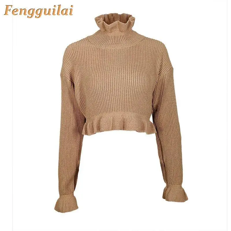 Ruffles Knitting Sweater Women Cropped Pullover Red Sexy Turtleneck Long Sleeve Crop Top Fall 2020 Sweaters Ruffles Knitting Sweater Women Cropped Pullover Red Sexy Turtleneck Long Sleeve Crop Top Fall 2020 Sweaters