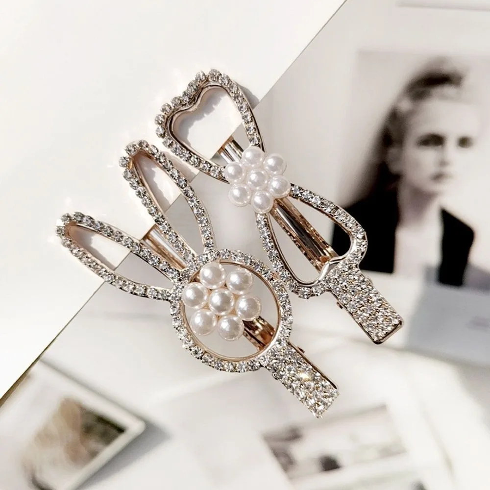 Ladies Imitation Pearl Flower Hair Clips Glitter Rhinestone Alligator Hairpins Hollow Vintage Bowknot Rabbit Ear Shape 3