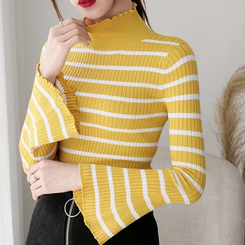 

Stripe Women Sweater Flare Sleeve Sweet Korean Knitted Half Turtleneck Solid Winter Fashion Warm Sweaters Pullovers Fall 2019