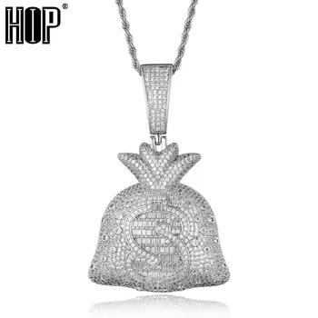 

US Dollar Money Bag Pendant Iced Out Cubic Zircon With Tennis Chain Gold Color Color Necklace Men's Hip hop Necklace Jewelry