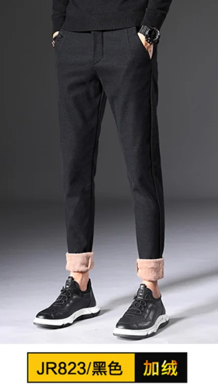 Autumn Winter Pants Men Fleece Thick Slim Casual Solid Color Fashion Wild Trousers Straight Male Pants - Цвет: Fleece