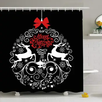 

Shower Curtain Set with Hooks 72x78 Black Year Decor White Ornate Decorated Christmas Elegant Ball Textures Eve Graphic Deer