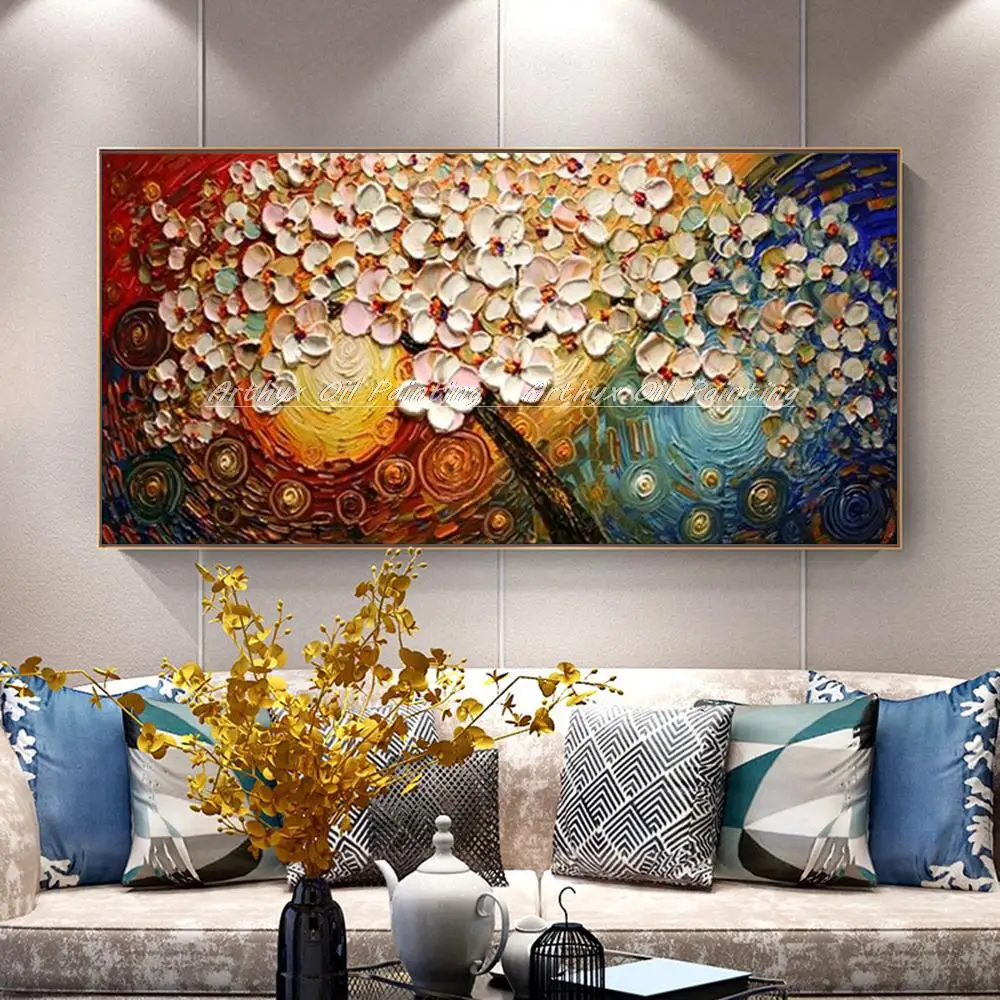 Arthyx-cuadro pintado a mano de flores de árbol 3D, pintura al óleo sobre  lienzo, cuadro de arte de pared abstracto moderno para decoración del hogar  de la sala de estar _ -