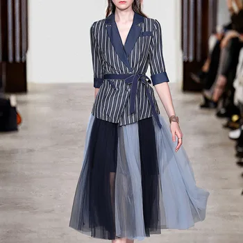 

Spring Fall 2 Piece Set Women Two Piece Outfits Striped Blazer Jacket + Mesh Pleated Skirt Set Office Suits Conjunto Feminino