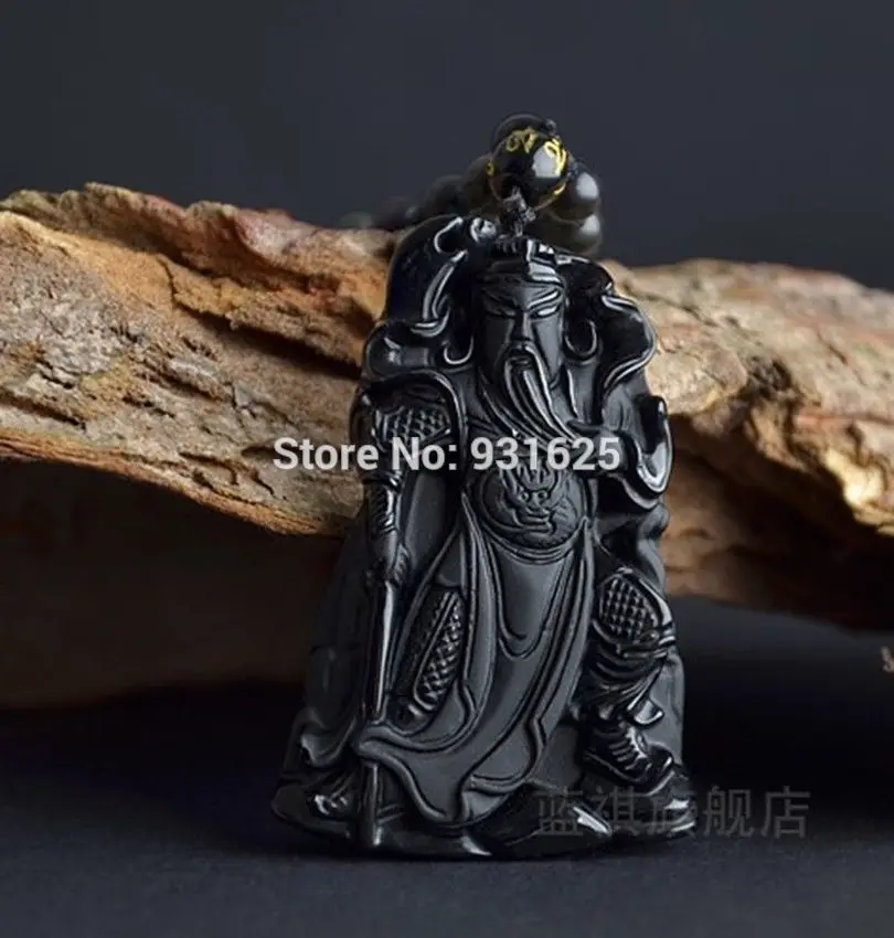 beautiful Black 100% Natural A Obsidian Carved guan yu Necklaces pendantbeautif-3