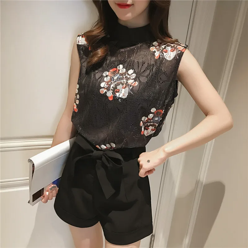 

2017 Summer New Style Korean-style Fashion Set Sleeveless Loose Tops Chiffon Wide-Leg Shorts Two-Piece Set