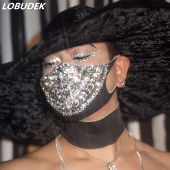

Fashion Pearl Rhinestones Mask Male Female Stage Accessories Prom Party Show Crystals Masked DJ Singer Dancer Ornament Costume